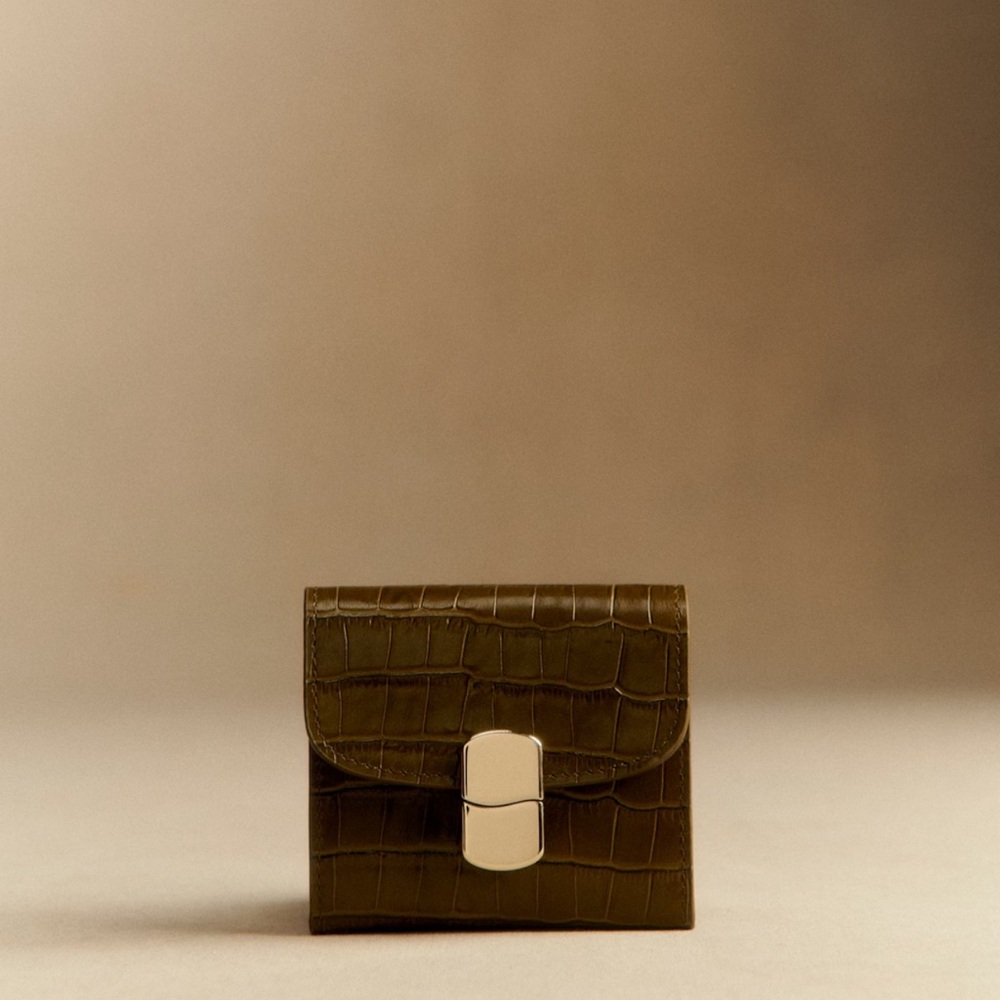 Sezane Olive Croc-Embossed Milo Wallet in Pistachio Green